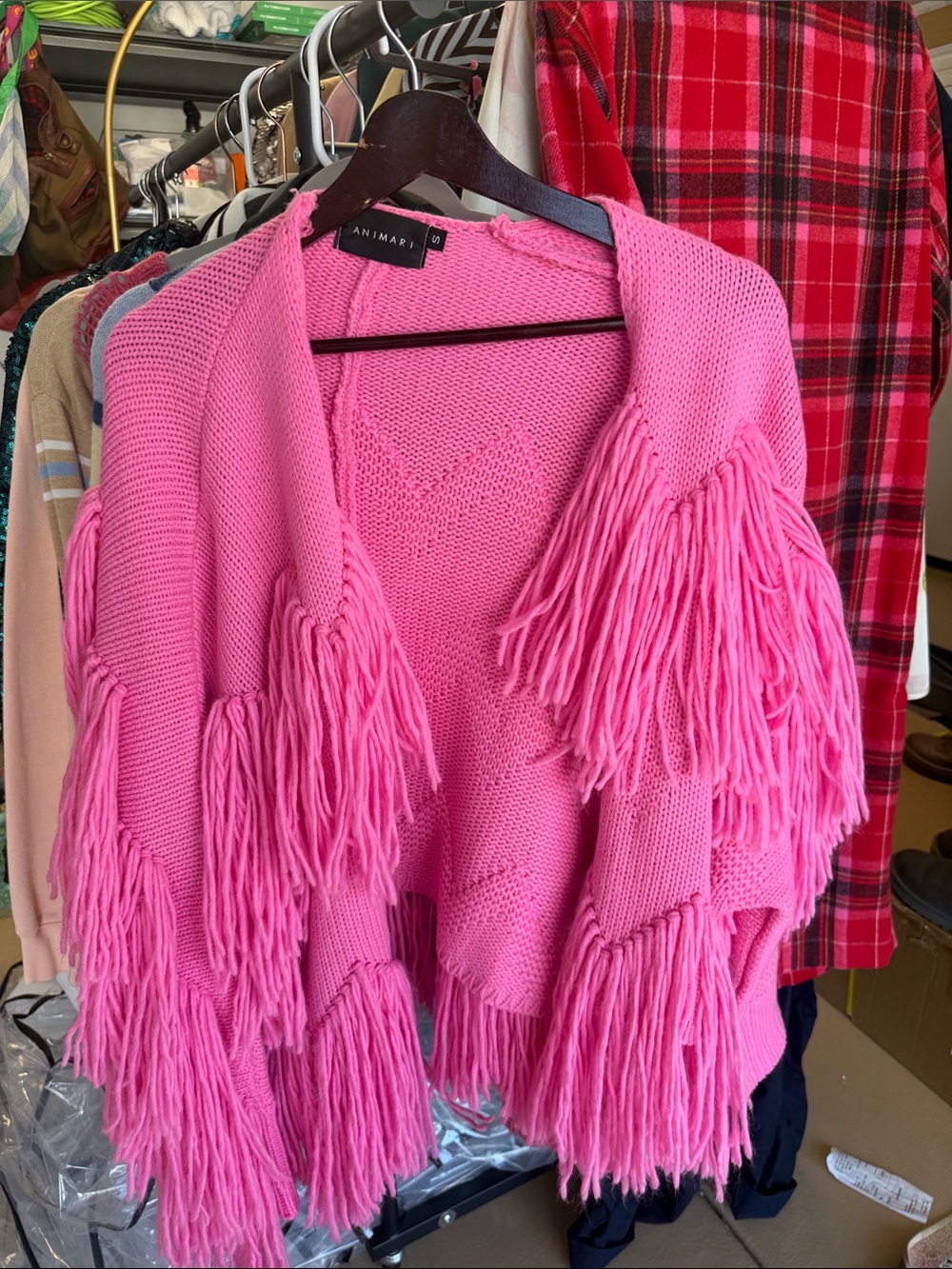 Pink Fringe Open-Front Knit Cardigan